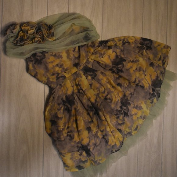 Unique One Shoulder Floral Dress - Yellow and Mint Green - Picture 1 of 6